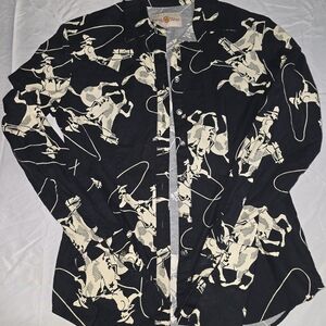 Women's Western Button Up Cotton Black Cowboy Print Shirt Size Small USA